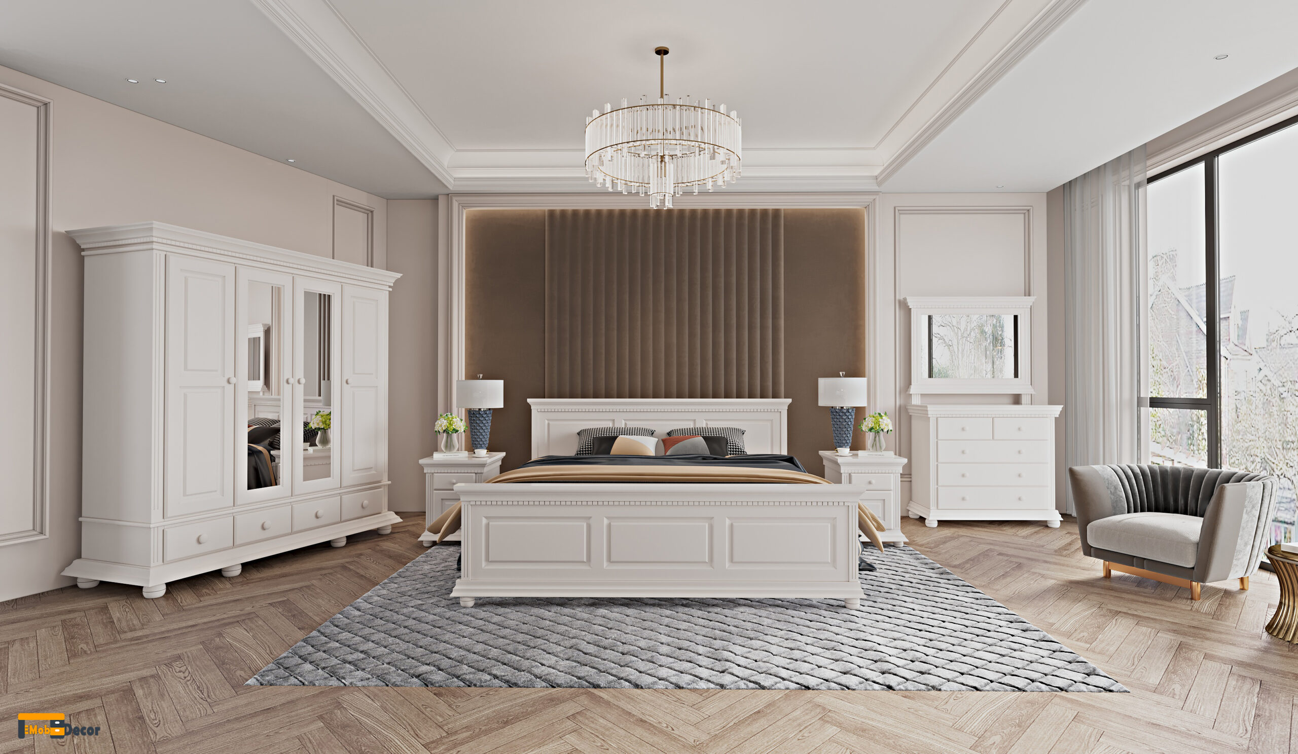Dormitor Luxus, alb, Lemn Masiv, cu dulap cu 4 usi