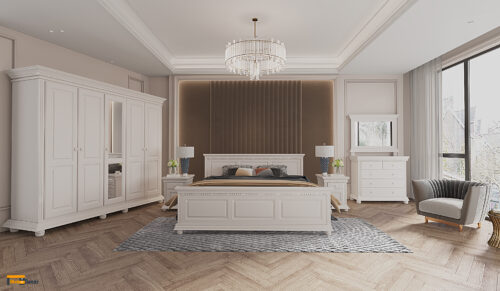 Dormitor Luxus, alb, Lemn Masiv, cu dulap cu 5 usi