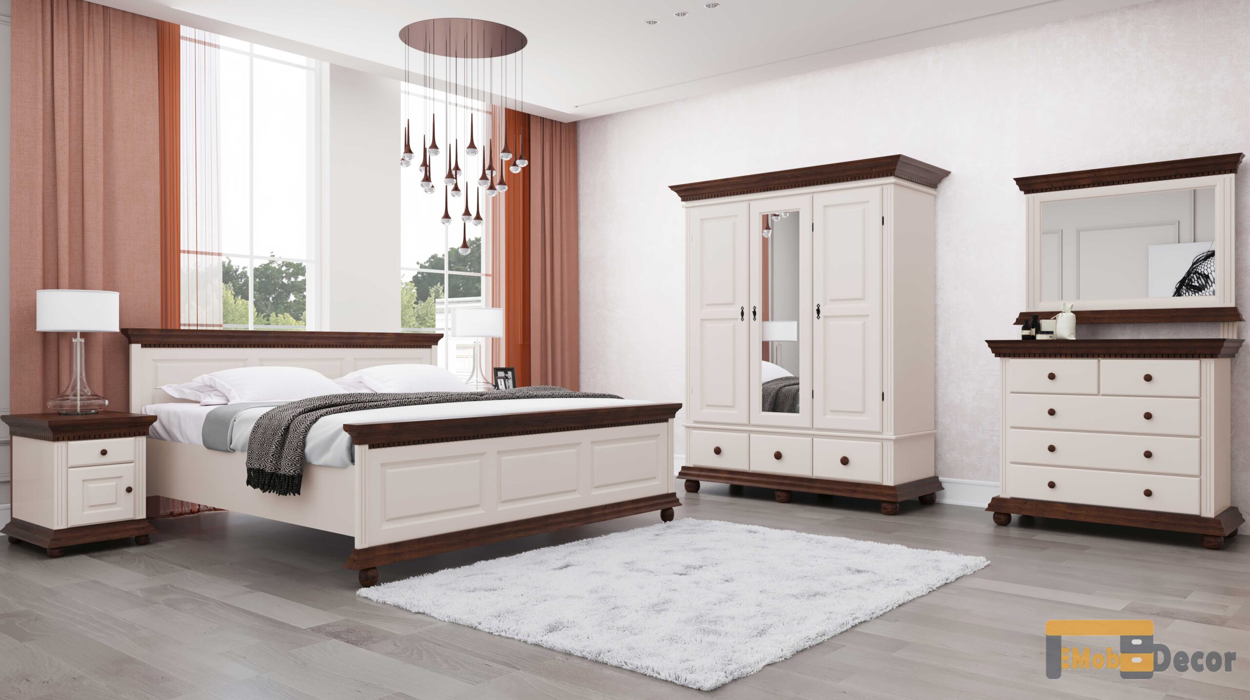 Dormitor din lemn masiv Luxus Alb Nuc cu dulap cu 3 usi