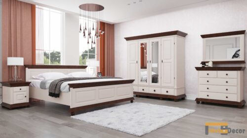 Dormitor din lemn masiv Luxus Alb Nuc cu dulap cu 4 usi