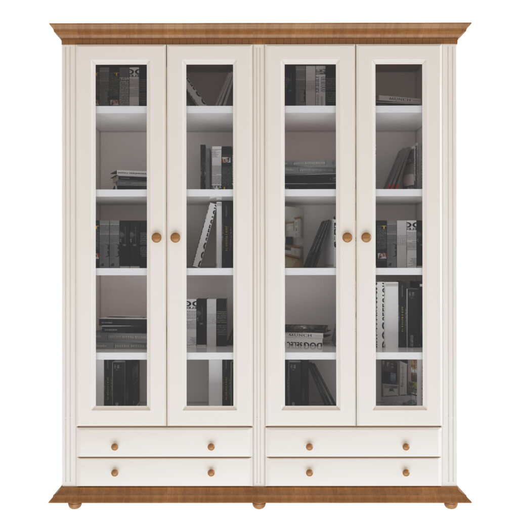 Biblioteca dubla Luxus, tip vitrina, alb natur, lemn masiv 180 x 45 x 203cm - Vitrine din lemn masiv
