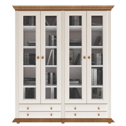 Biblioteca dubla Luxus, tip vitrina, alb natur, lemn masiv 180 x 45 x 203cm
