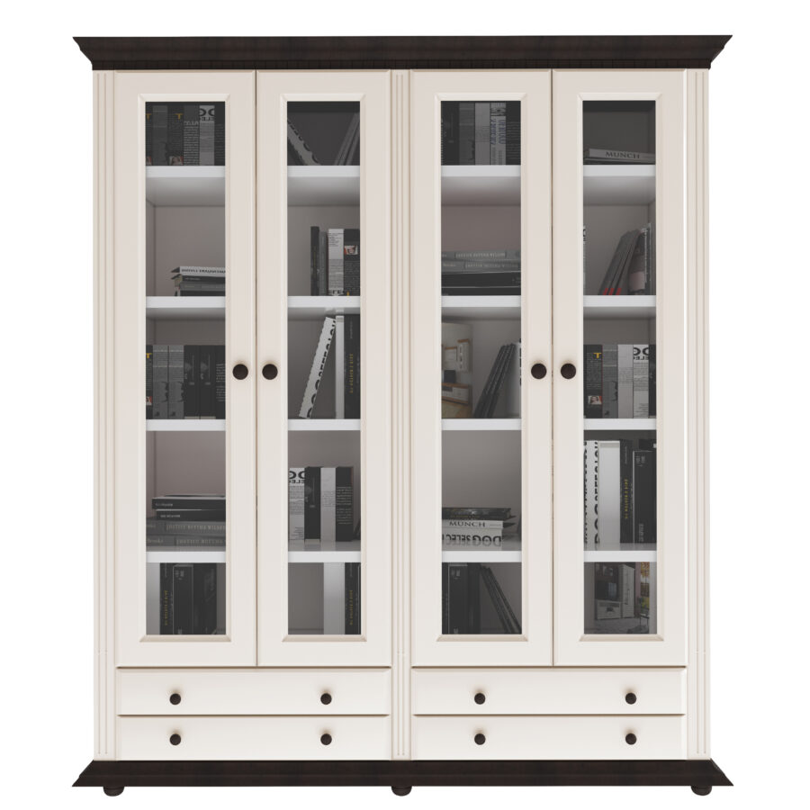 Biblioteca dubla Luxus, tip vitrina, alb nuc, lemn masiv 180 x 45 x 203cm