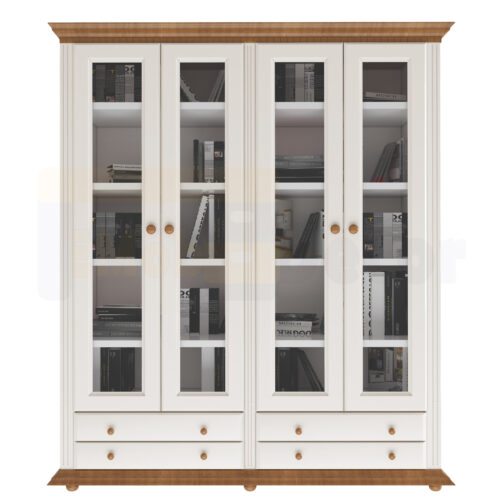 Biblioteca dubla Luxus, tip vitrina, lemn masiv, alb/natur