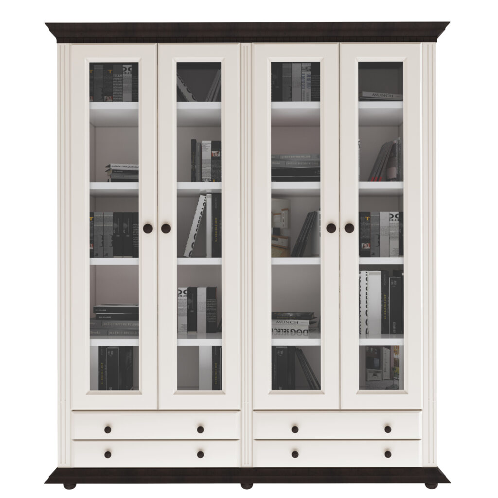 Biblioteca dubla Luxus, tip vitrine, alb nuc, lemn masiv 180 x 45 x 203cm