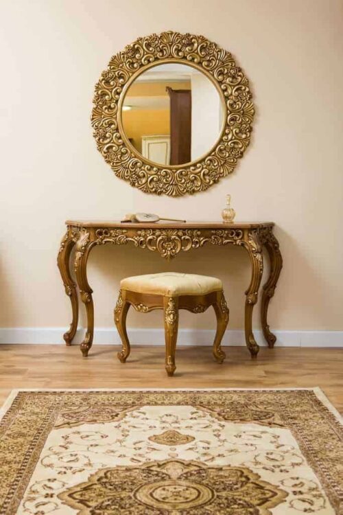Consola si oglinda sculptata Karyn Lemn Masiv, auriu 130 × 42 × 79 cm