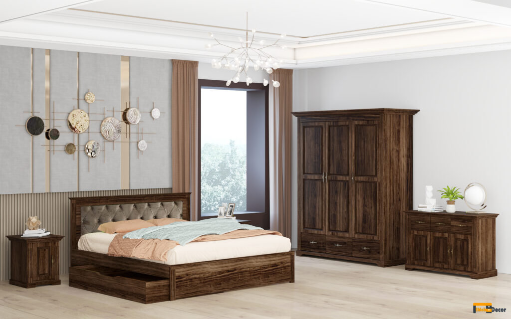 Dormitor Louis, lemn masiv - Pat cu tablie tapitată