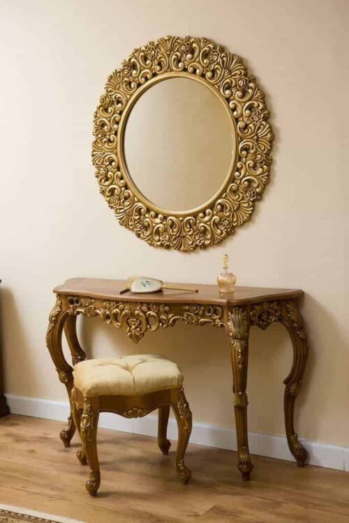 Consola si oglinda sculptata Karyn Lemn Masiv, auriu 130 × 42 × 79 cm